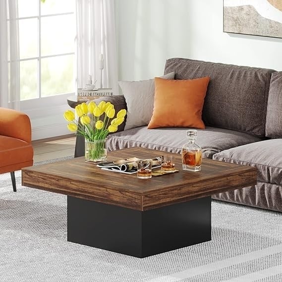 Farmhouse Coffee Table Square LED Coffee Table Engineered Wood Coffee Table - Rustic Brown + Black