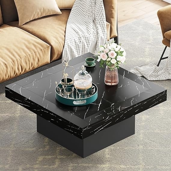 Farmhouse Coffee Table Square LED Coffee Table Engineered Wood Coffee Table - Faux Black + Balck