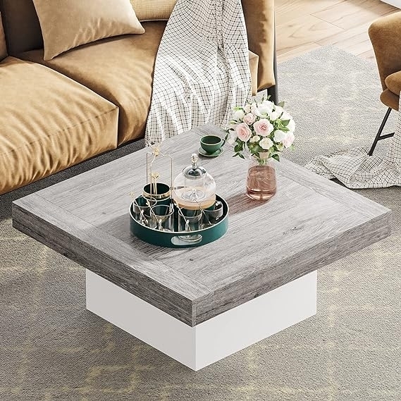 Farmhouse Coffee Table Square LED Coffee Table Engineered Wood Coffee Table - Grey + White