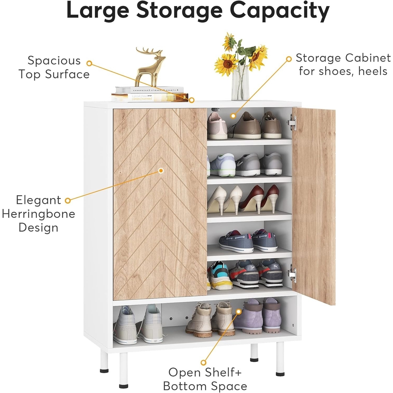 Shoe Cabinet, 18 Pair Rack Organizer Cabinet With Door, 6-Tier Modern Storage Shelves - White + Brown
