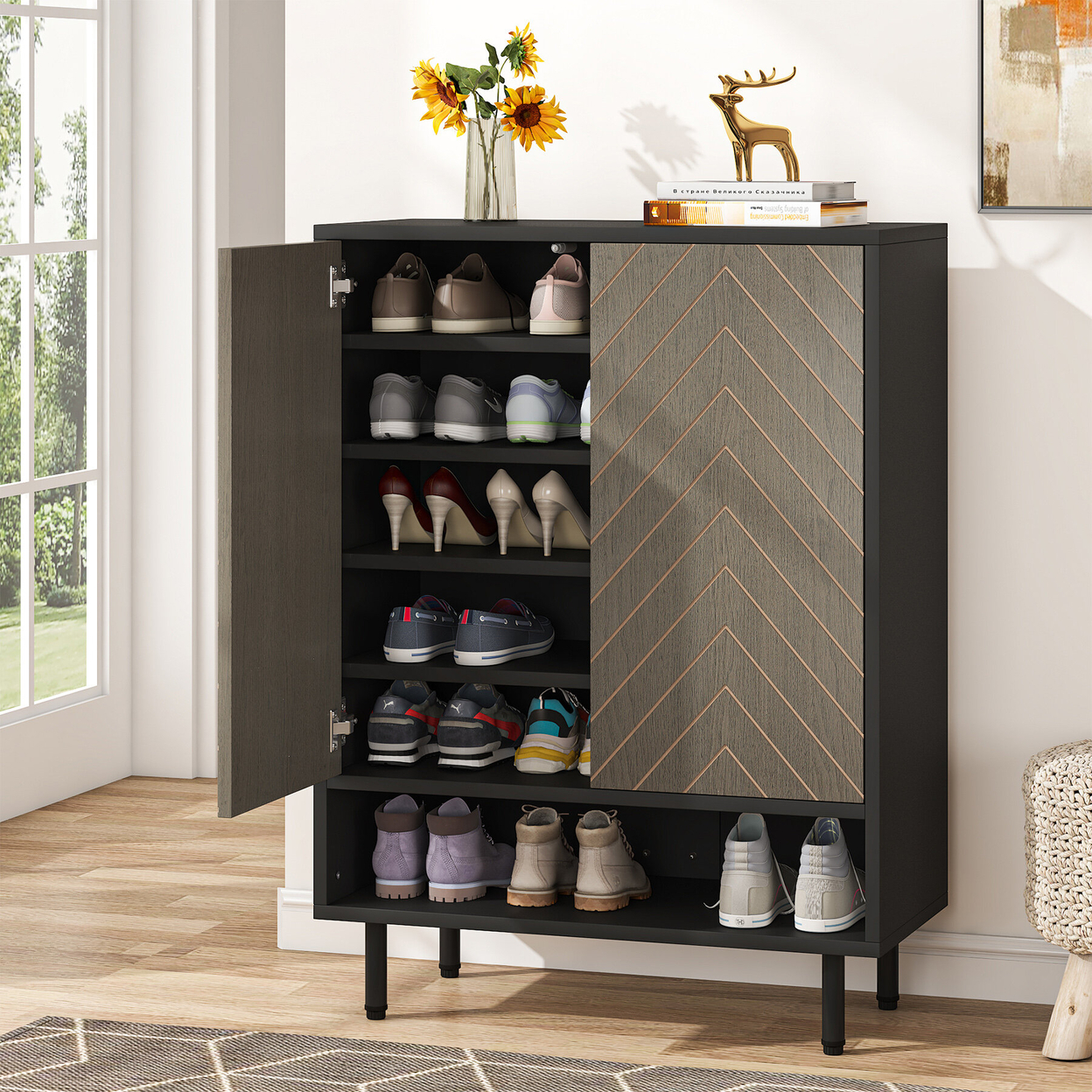 Shoe Cabinet, 18 Pair Rack Organizer Cabinet With Door, 6-Tier Modern Storage Shelves - Grey + Black
