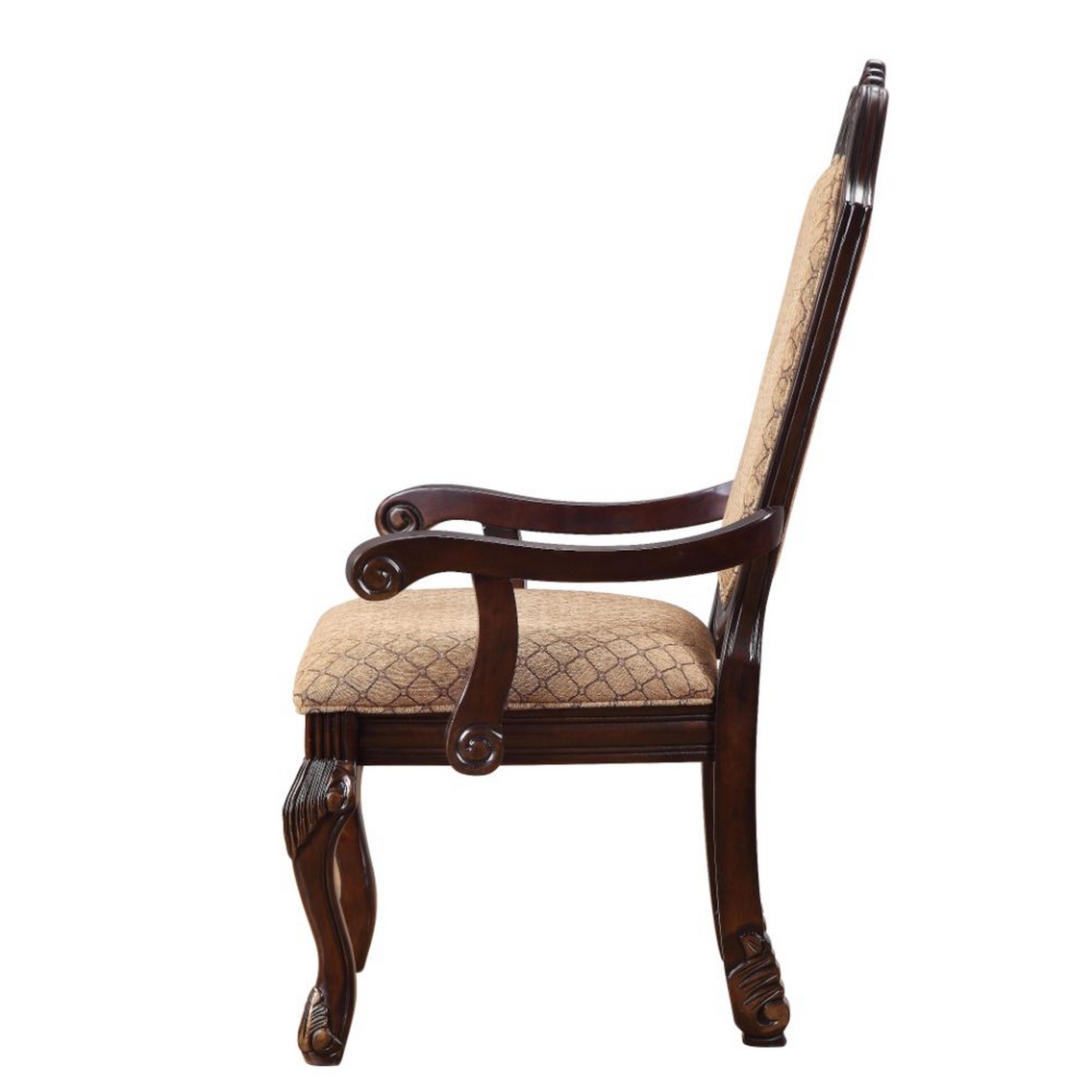 Loki 29 Inch Dining Armchair Set Of 2, Beige Fabric, Crown Top Back, Brown - Saltoro Sherpi