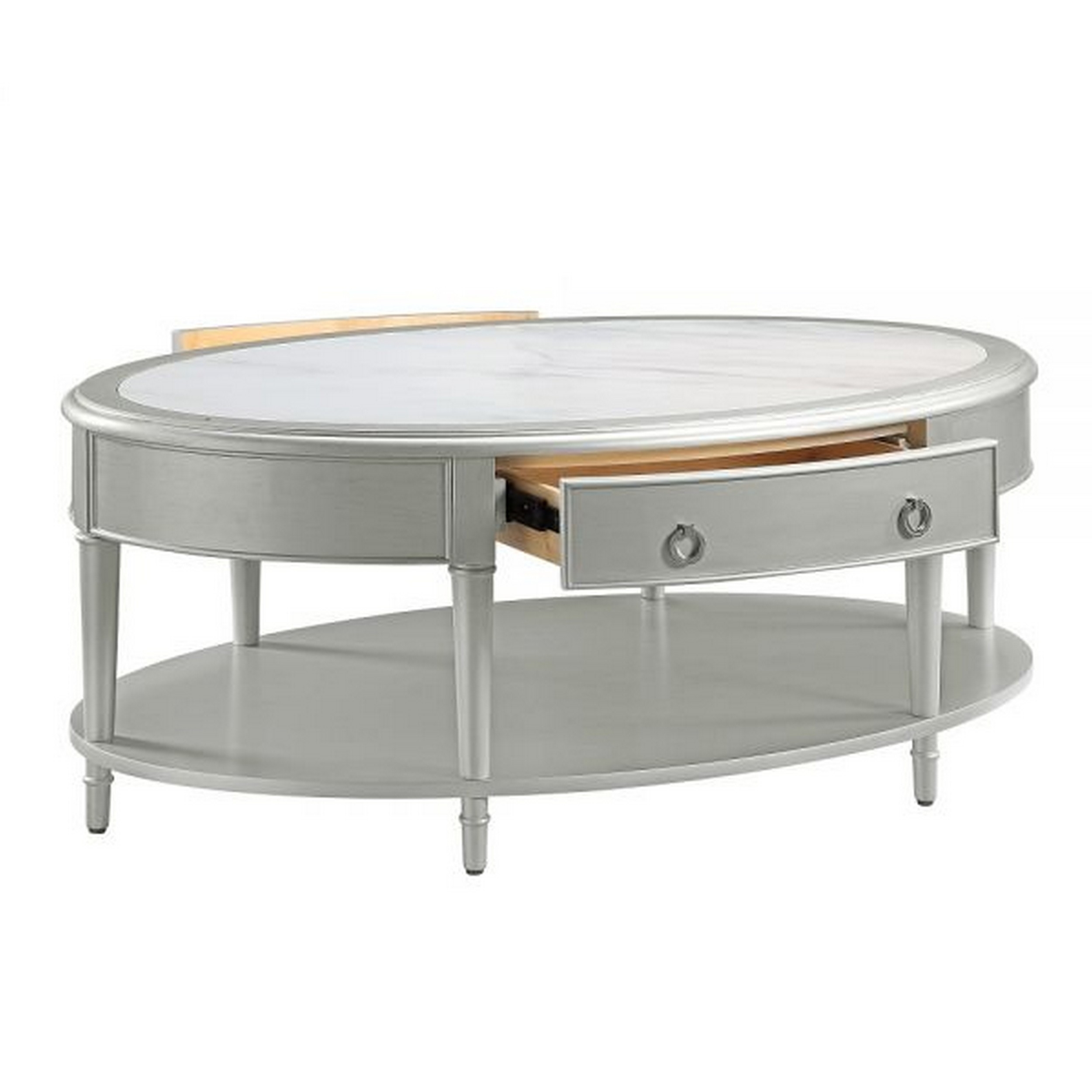 Kyna 50 Inch Coffee Table, Sintered Top, 1 Drawer, Classic Oval, Silver - Saltoro Sherpi