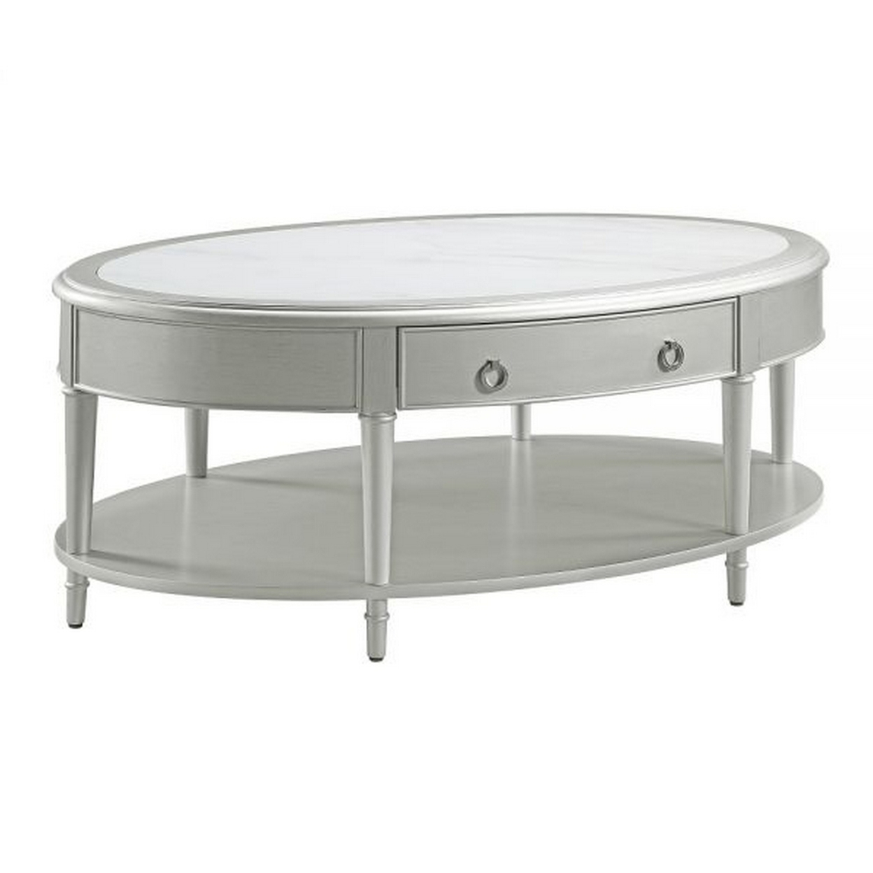 Kyna 50 Inch Coffee Table, Sintered Top, 1 Drawer, Classic Oval, Silver - Saltoro Sherpi