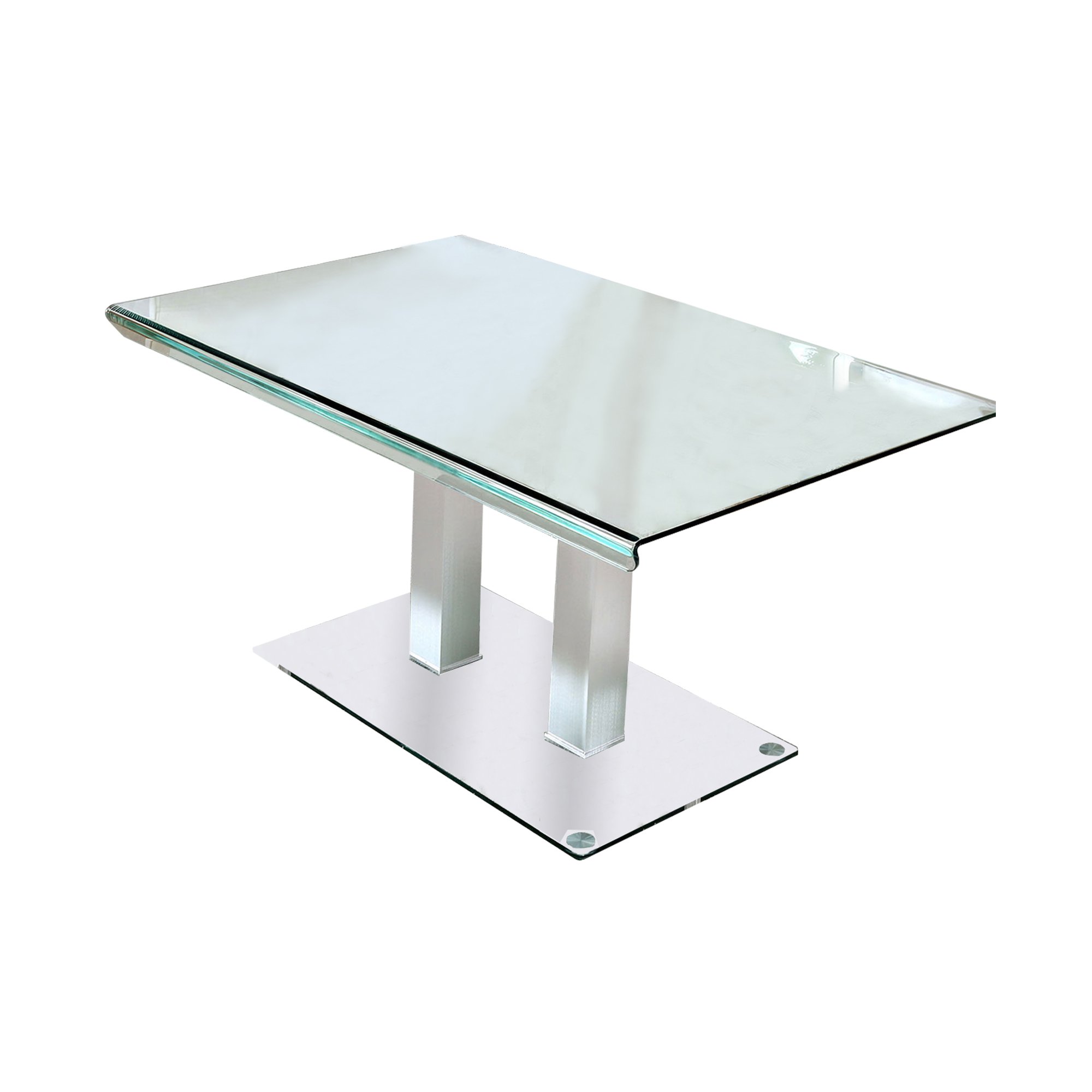 Metal And Glass Dining Table With Dual Post Pedestal Base, Chrome - Saltoro Sherpi