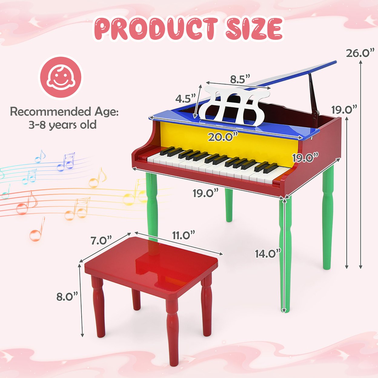 30-Key Classic Baby Grand Piano Toddler Toy Wood W/ Bench & Music Rack Colorful