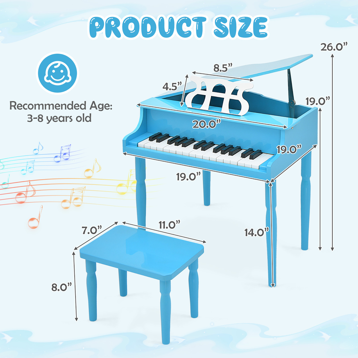 30-Key Classic Baby Grand Piano Toddler Toy Wood W/ Bench & Music Rack Blue