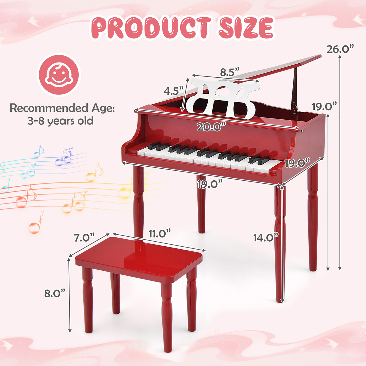 30-Key Classic Baby Grand Piano Toddler Toy Wood W/ Bench & Music Rack Red