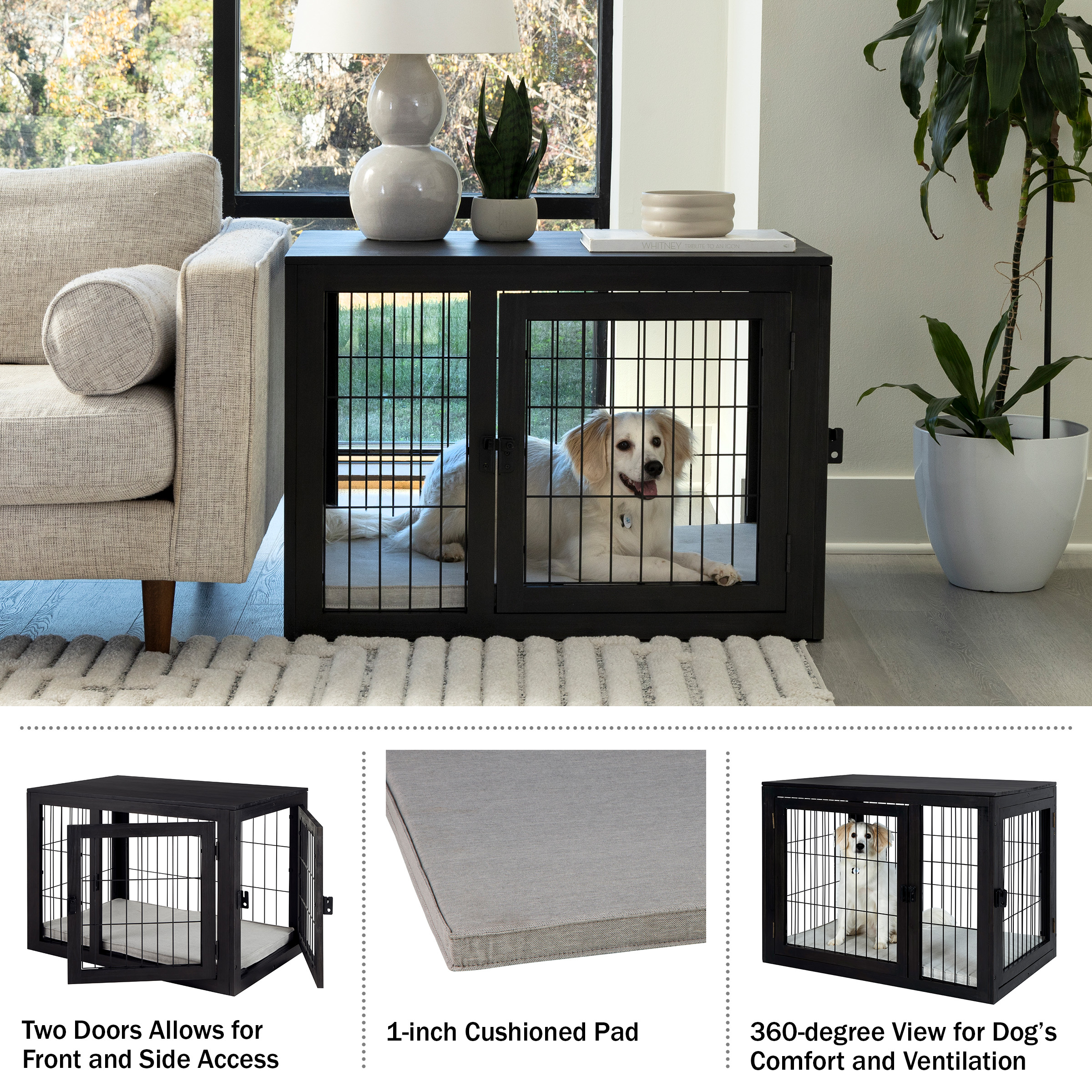 Furniture-Style Dog Crate - Acacia Wood Kennel For Medium Dogs With Double Doors And Cushion - Dog Cage Furniture By PETMAKER (Black)