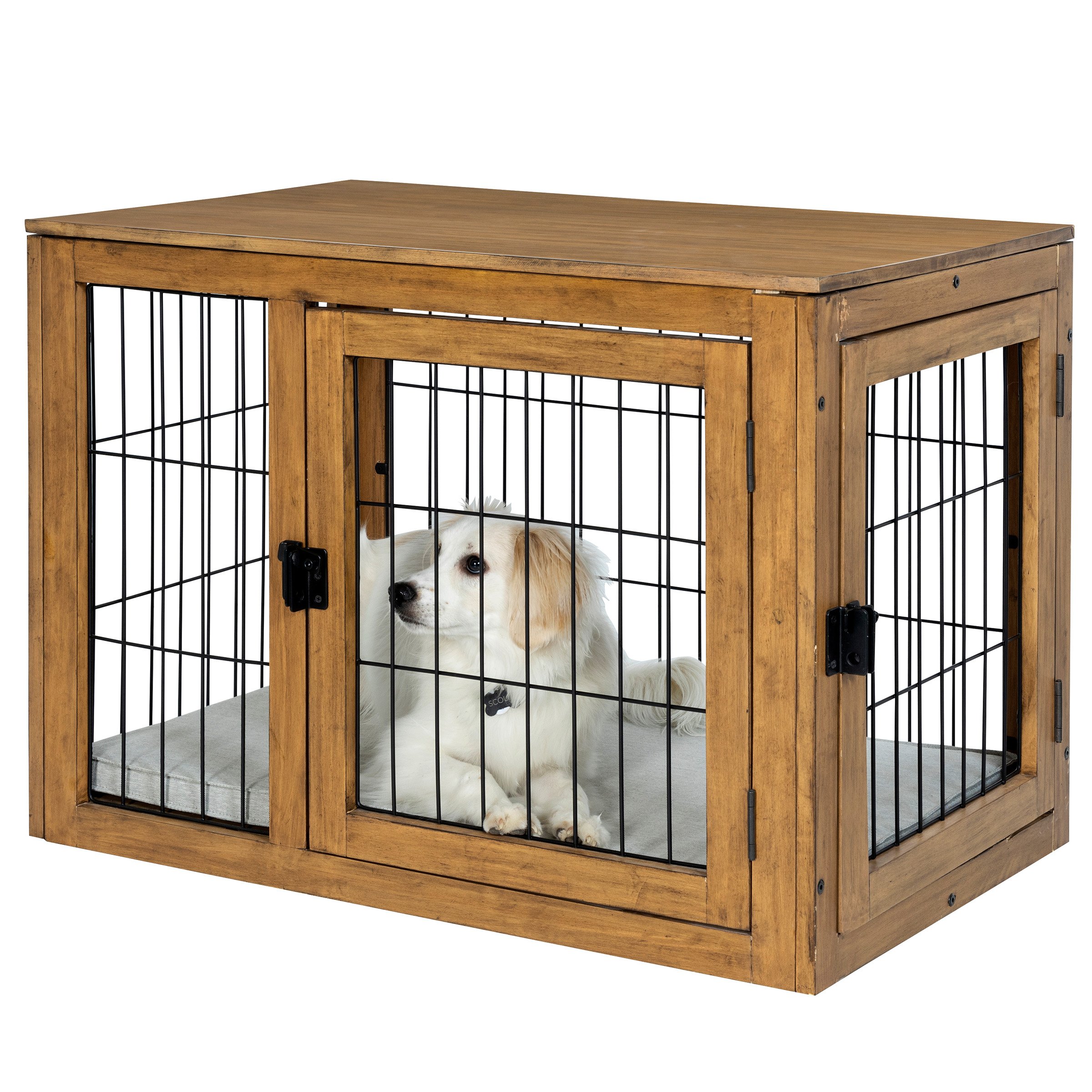 Furniture-Style Dog Crate - Acacia Wood Kennel For Medium Dogs With Double Doors And Cushion - Dog Cage Furniture By PETMAKER (Natural)