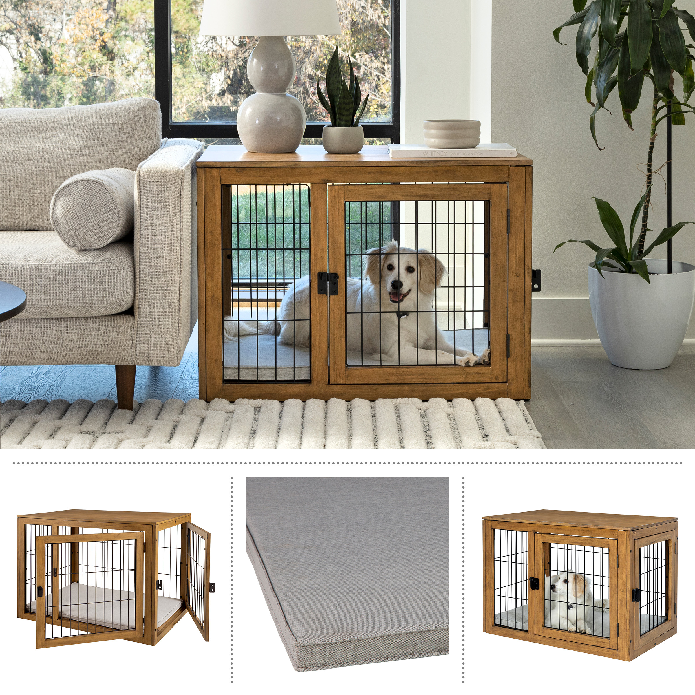 Furniture-Style Dog Crate - Acacia Wood Kennel For Medium Dogs With Double Doors And Cushion - Dog Cage Furniture By PETMAKER (Natural)