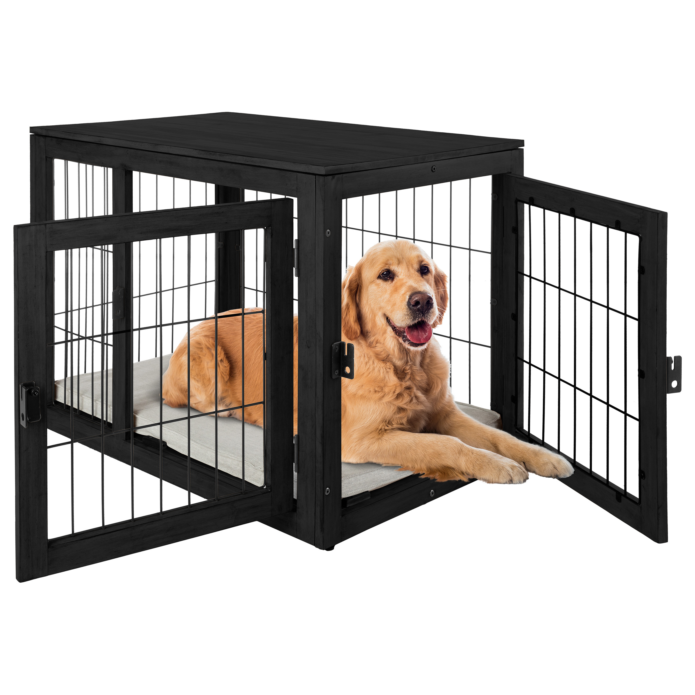 Furniture-Style Dog Crate - Acacia Wood Kennel For Large Dogs With Double Doors And Cushion - Dog Kennel Furniture By PETMAKER (Black)
