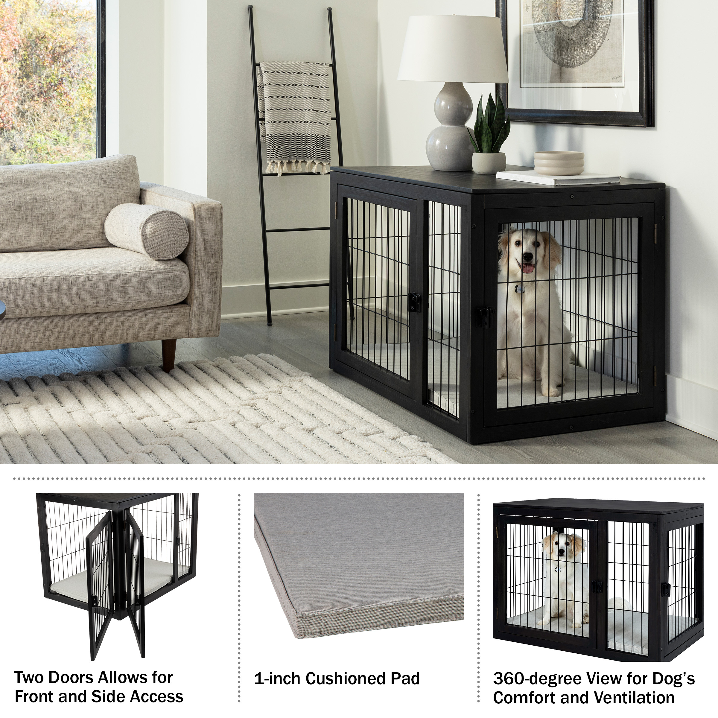 Furniture-Style Dog Crate - Acacia Wood Kennel For Large Dogs With Double Doors And Cushion - Dog Kennel Furniture By PETMAKER (Black)