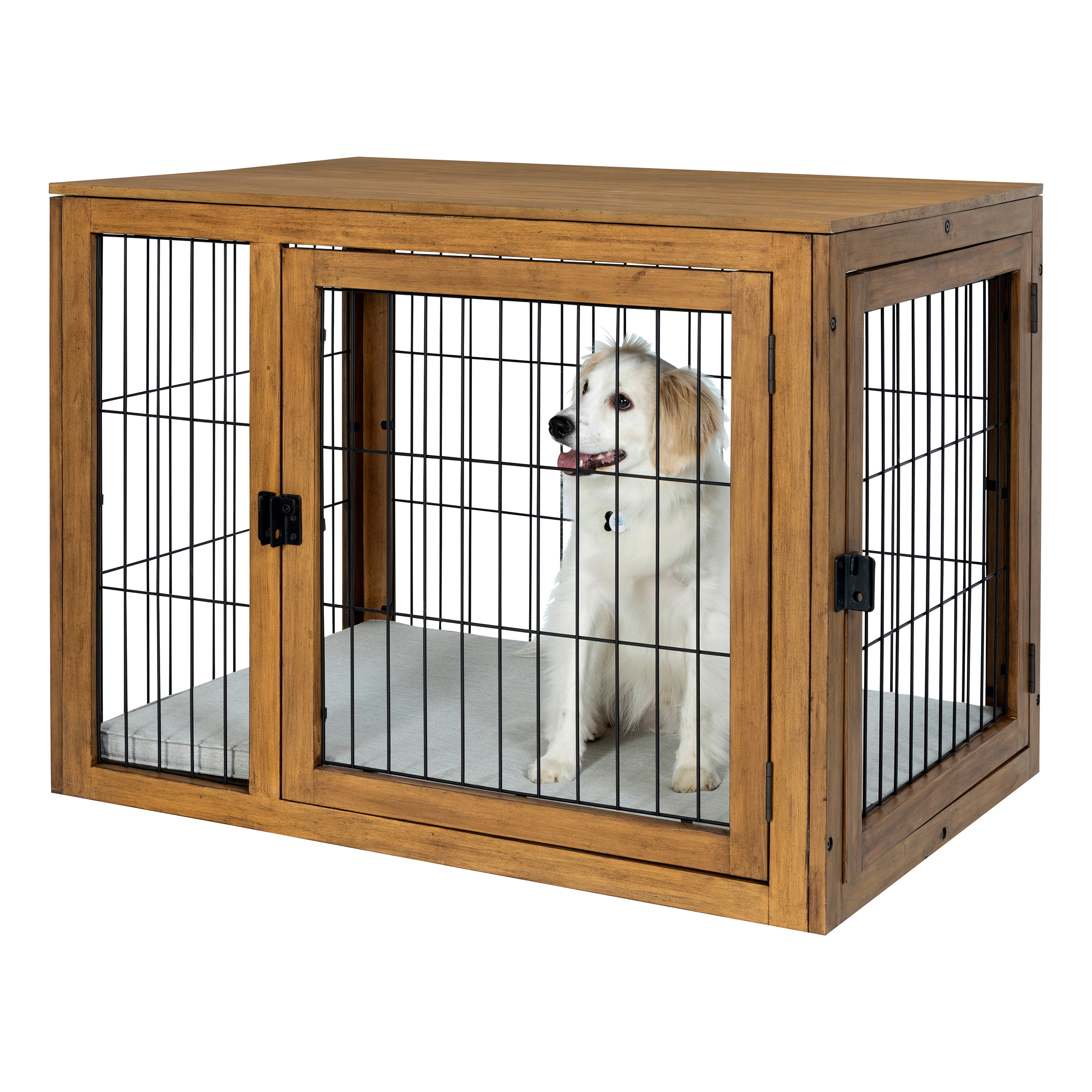 Furniture-Style Dog Crate - Acacia Wood Kennel For Large Dogs With Double Doors And Cushion - Dog Kennel Furniture By PETMAKER (Natural)