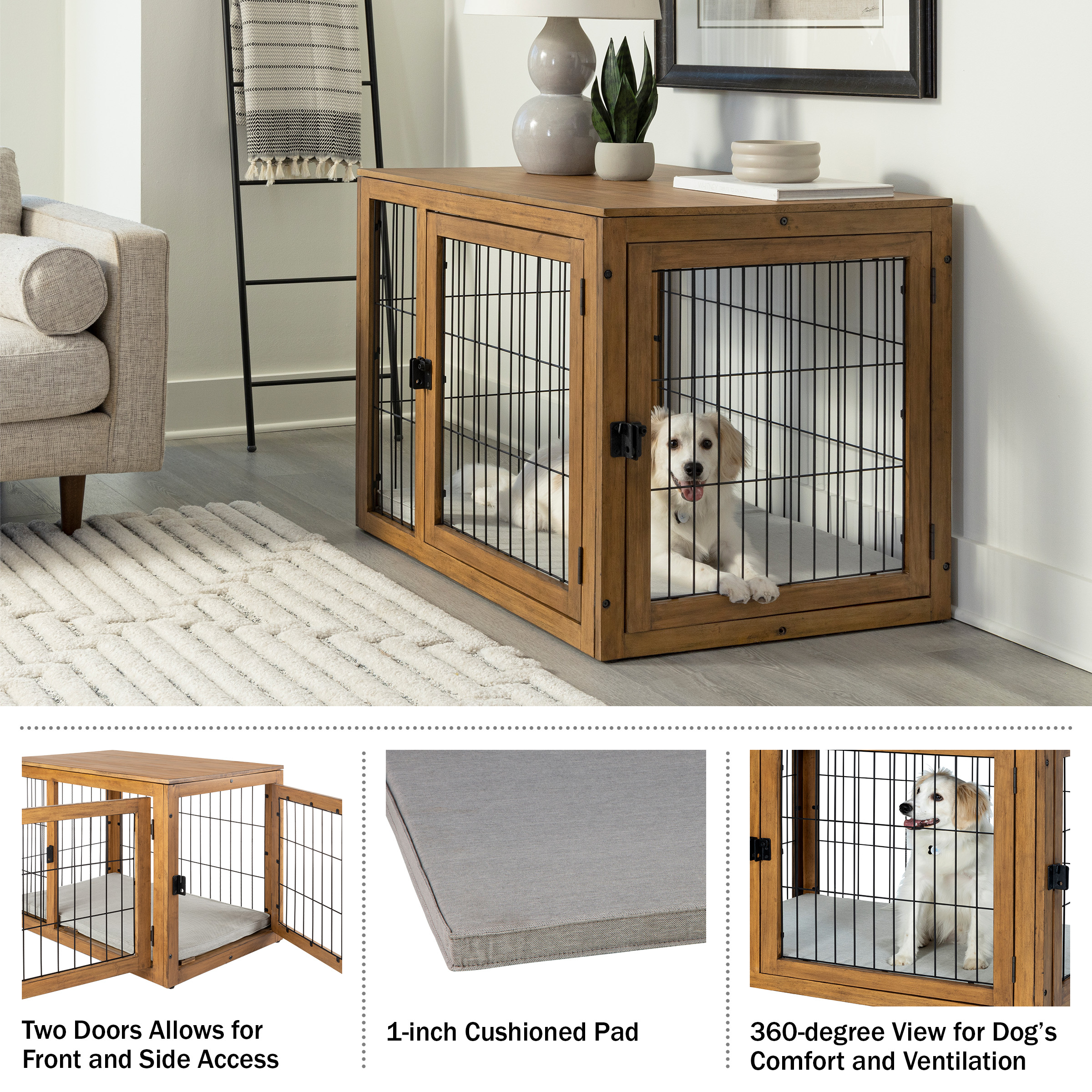 Furniture-Style Dog Crate - Acacia Wood Kennel For Large Dogs With Double Doors And Cushion - Dog Kennel Furniture By PETMAKER (Natural)