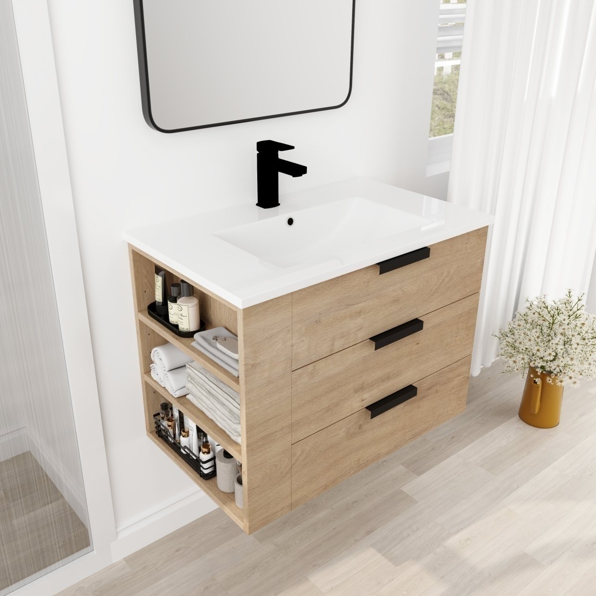 ExBrite 30 Oak Bathroom Vanity With Top Adjustable Side Shelf