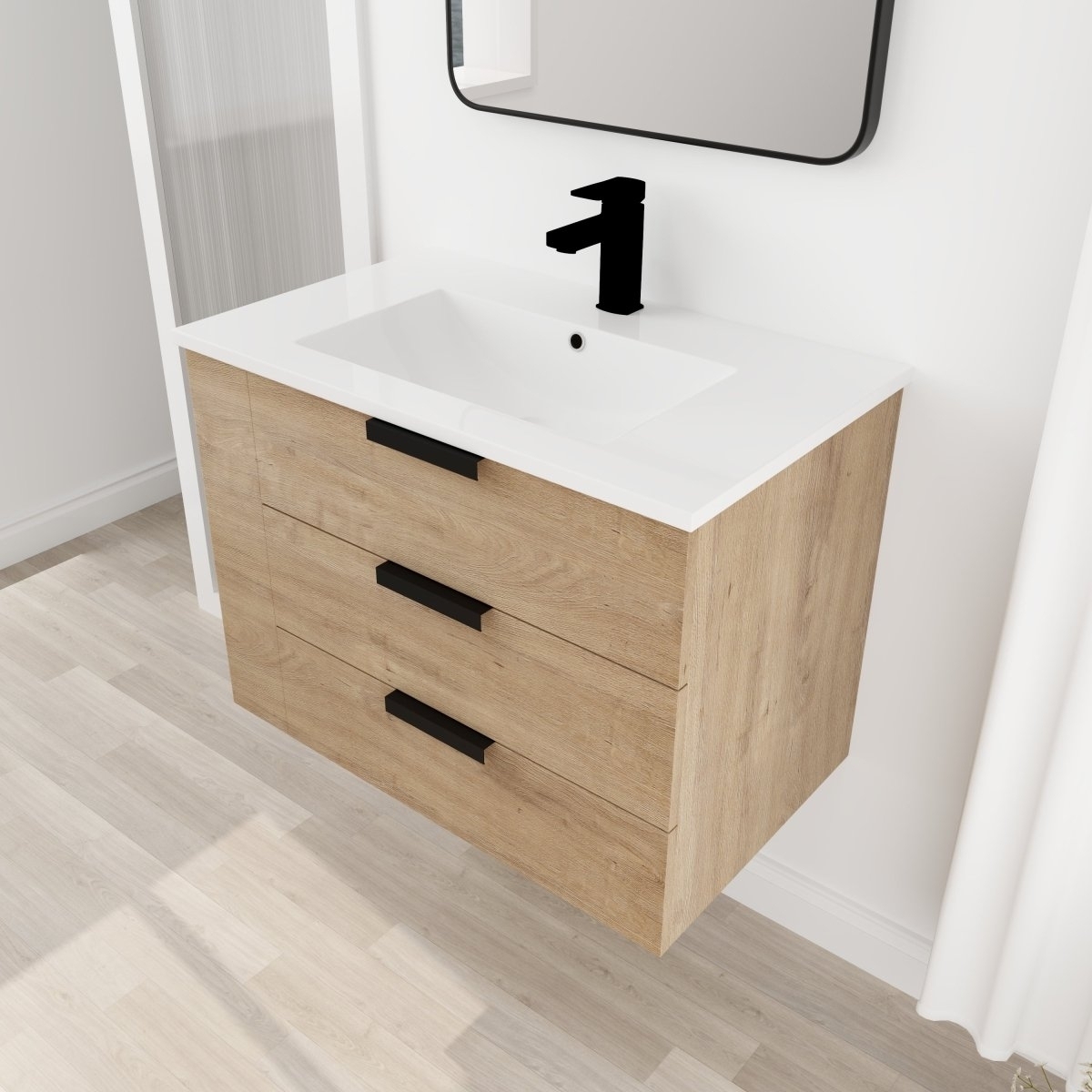 ExBrite 30 Oak Bathroom Vanity With Top Adjustable Side Shelf
