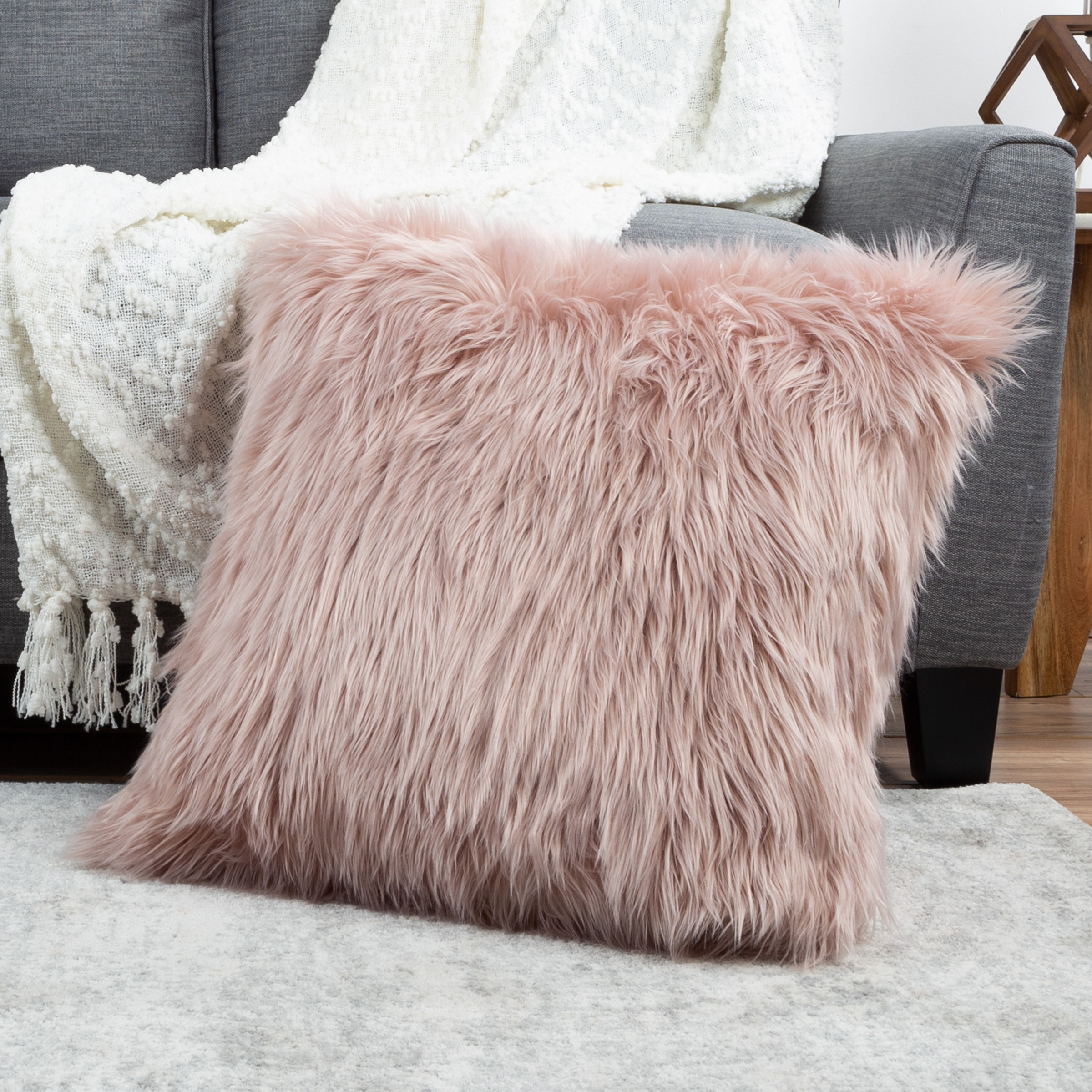 Large Throw Pillow Pink Shag Furry Decor For Couch Or Bed 22 Inches