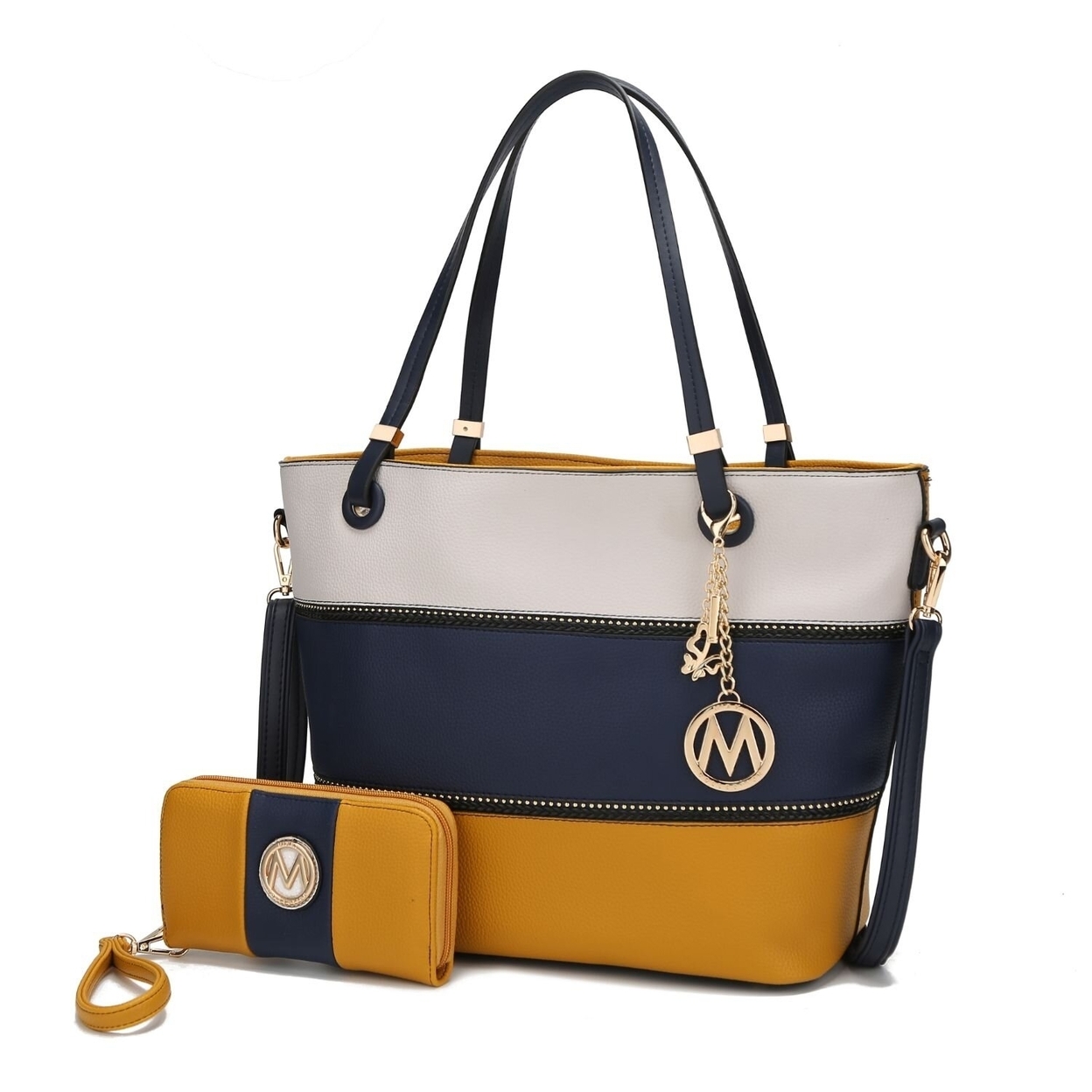 MKF Collection Vallie Color-Block Vegan Leather Women’s Tote Bag By Mia K. With Matching Wallet – 2 Pcs - Mustard-navy