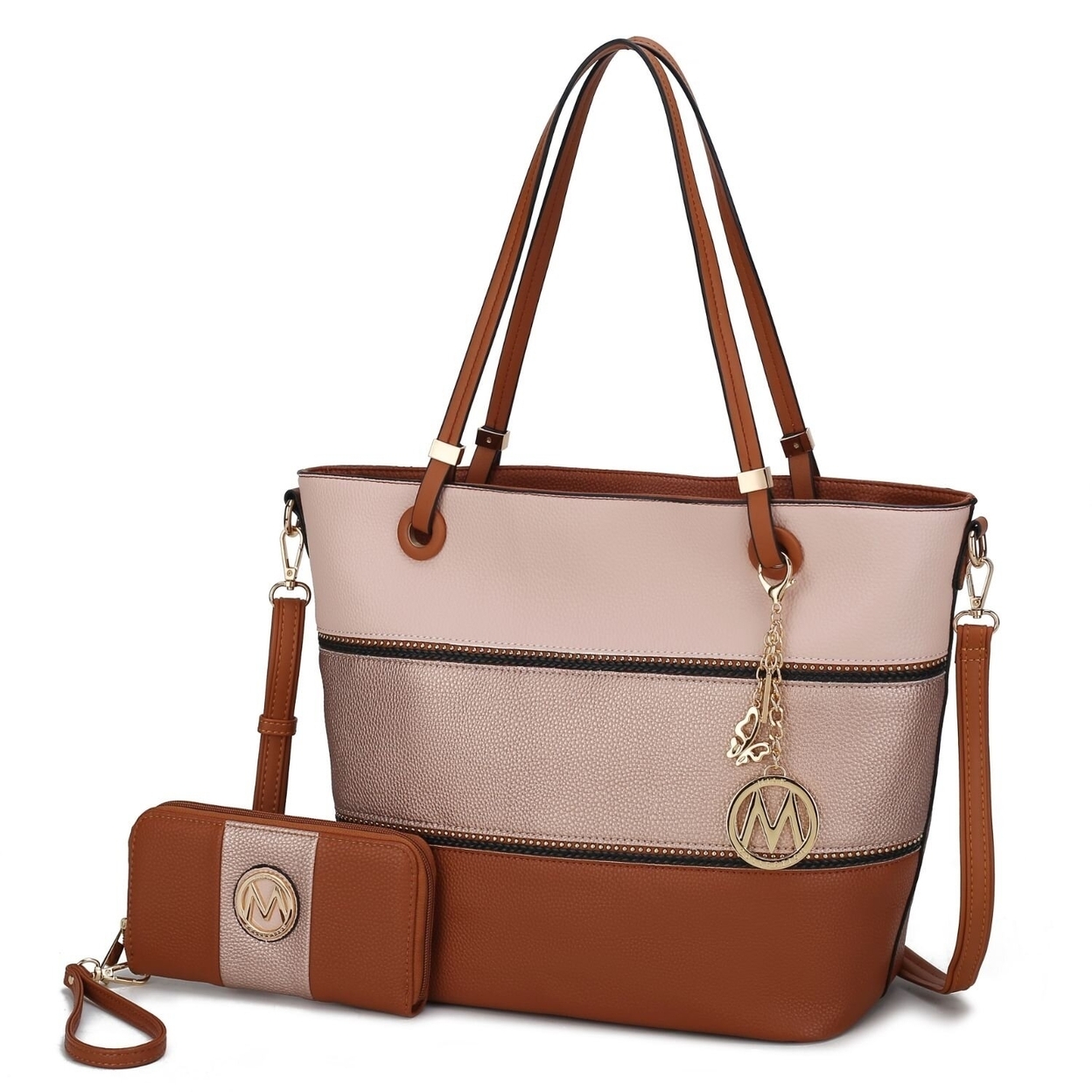 MKF Collection Vallie Color-Block Vegan Leather Women’s Tote Bag By Mia K. With Matching Wallet – 2 Pcs - Cognac-rose Gold