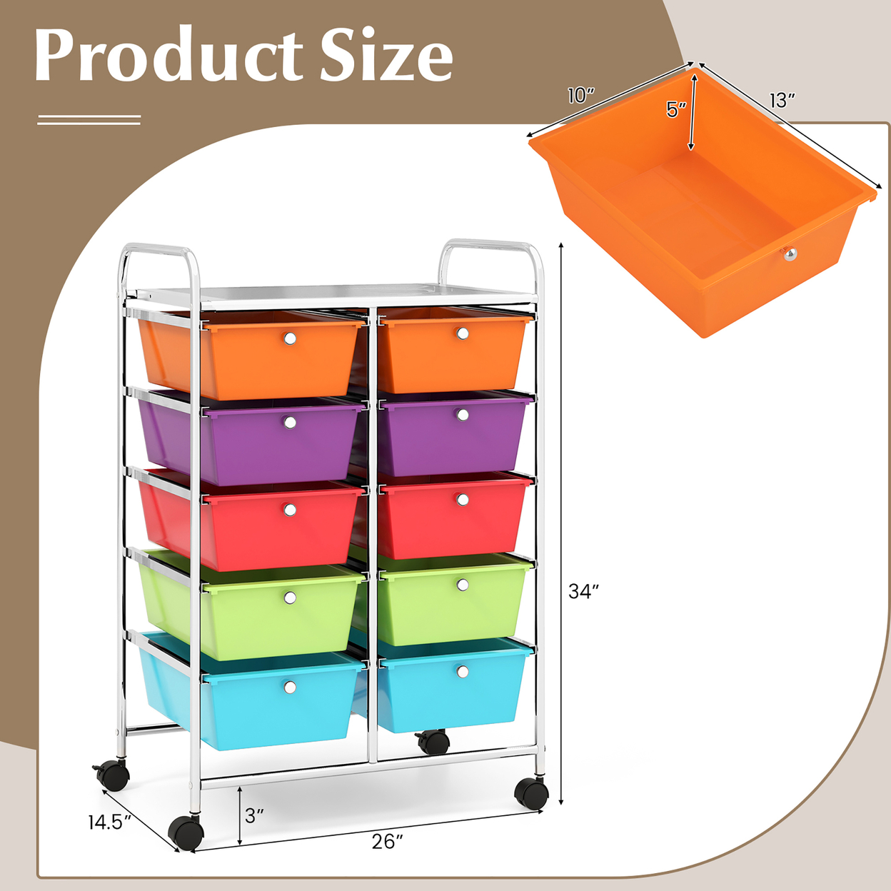 10-Drawer Rolling Storage Cart Tools Scrapbook Paper Organizer On Wheels Multicolor