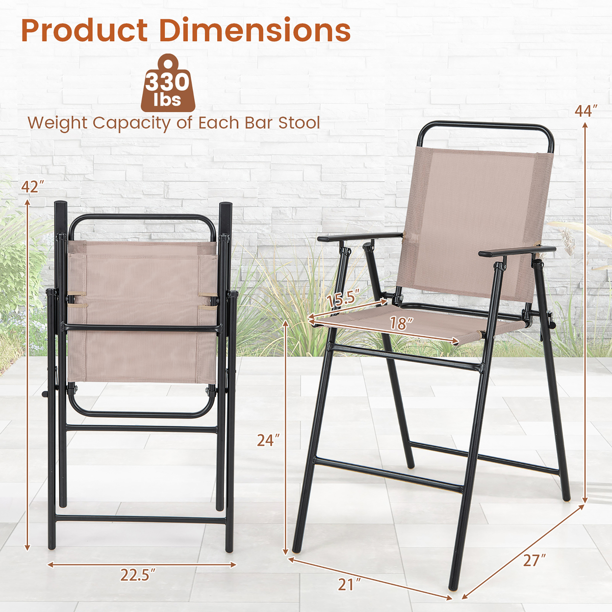 Outdoor Folding Bar Chair Set Of 2 Patio Dining Chairs W/ Breathable Fabric
