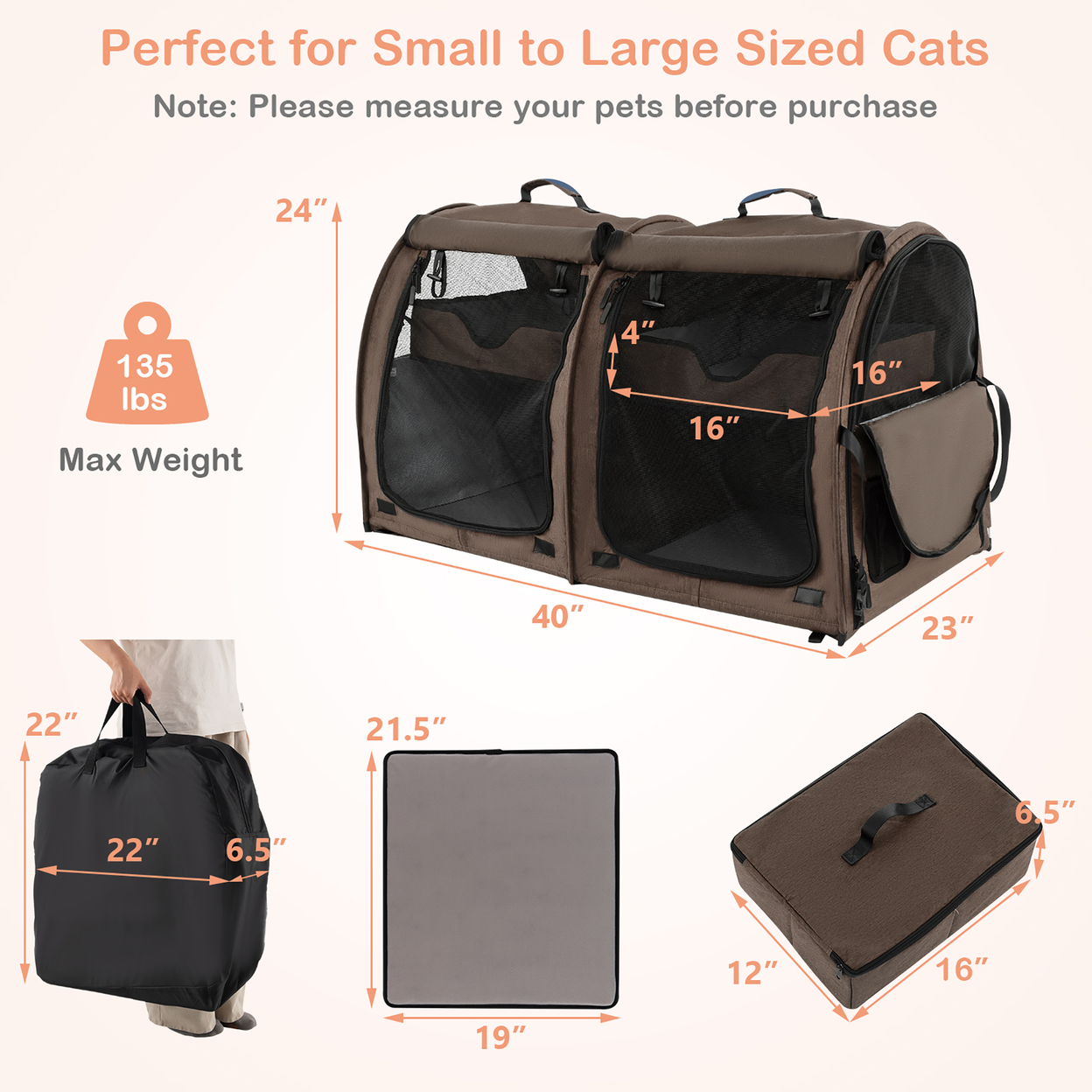 Portable Pet Carrier Kennel Cat Dog Crate Twin Compartments W/ Mats Litter Box Brown