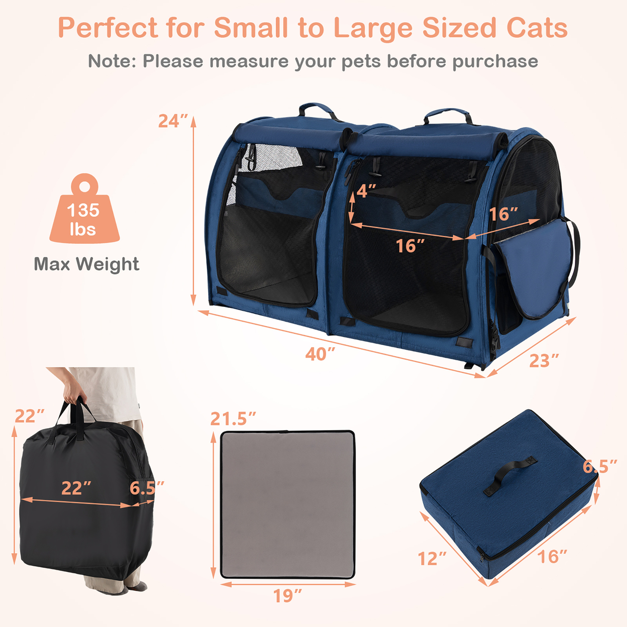 Portable Pet Carrier Kennel Cat Dog Crate Twin Compartments W/ Mats Litter Box Navy Blue