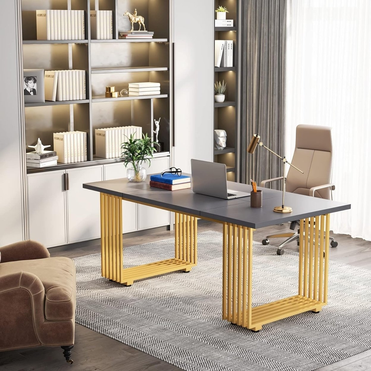 70.9 Modern Executive Desk, Wood Office Desk, Grey Simple Computer Desk With Gold Metal Legs, Large Workstation Business Furniture