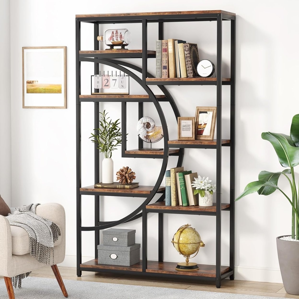 Industrial 5 Tier Etagere Bookcase, Freestanding Tall Bookshelves Display Shelf Storage Organizer With 9-Open Storage Shelf - White Marbling