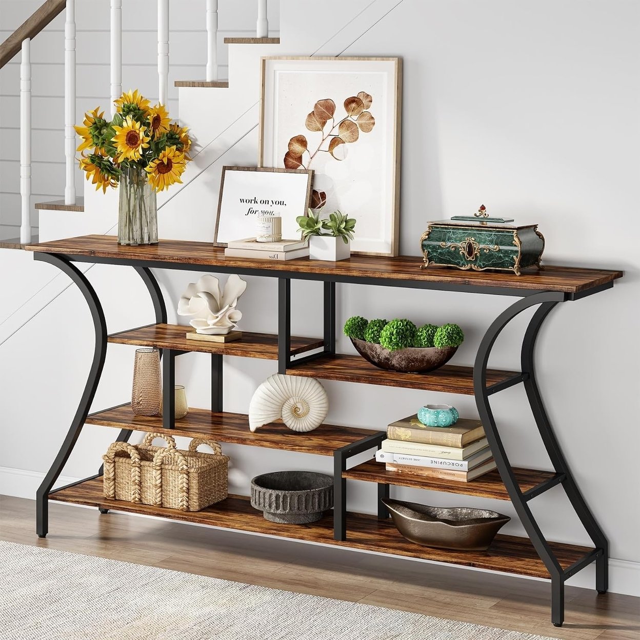 70.9 Extra Long Console Table, Industrial Narrow Sofa Table With Storage Shelves, 4 Tier Entryway Table Behind Couch - Rustic Brown