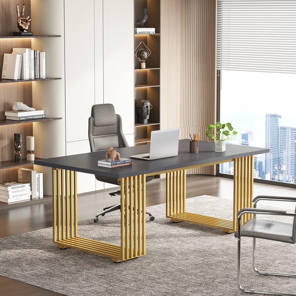 70.9 Modern Executive Desk, Wood Office Desk, Grey Simple Computer Desk With Gold Metal Legs, Large Workstation Business Furniture