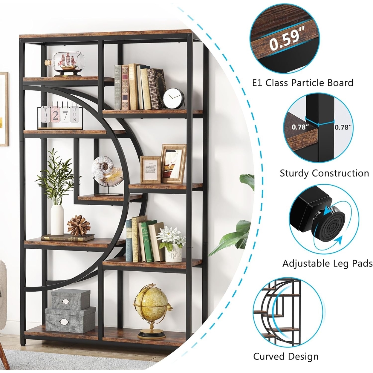 Industrial 5 Tier Etagere Bookcase, Freestanding Tall Bookshelves Display Shelf Storage Organizer With 9-Open Storage Shelf - Rustic Brown &