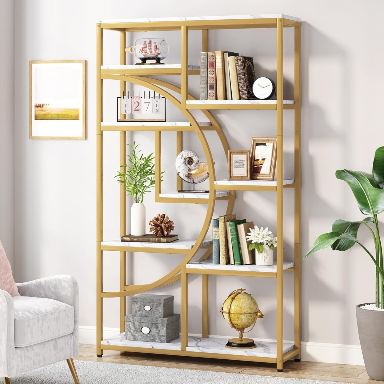 Industrial 5 Tier Etagere Bookcase, Freestanding Tall Bookshelves Display Shelf Storage Organizer With 9-Open Storage Shelf - White Marbling