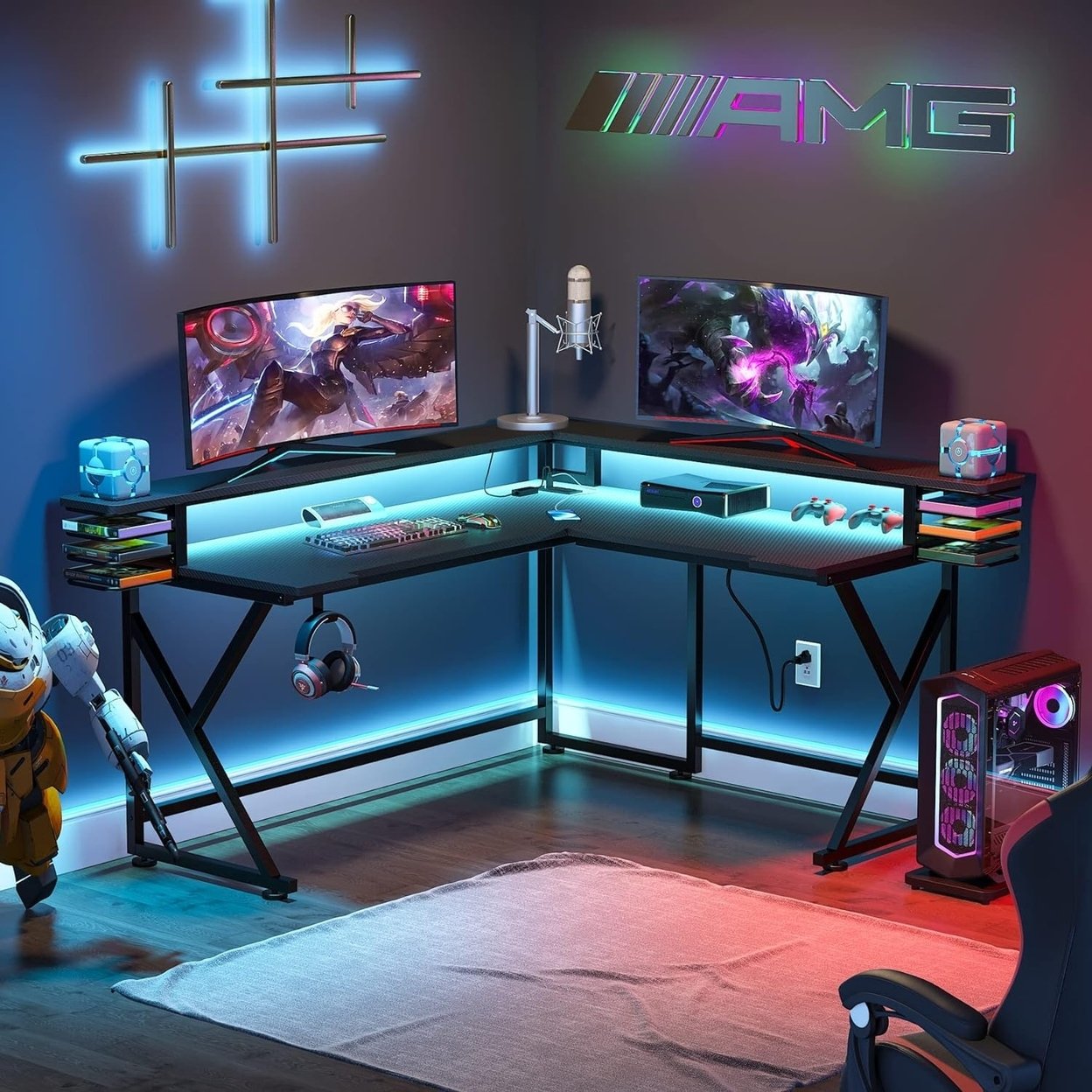 L Shaped Gaming Desk With Led Lights & Power Outlet, Corner Computer Desk With Monitor Stand, PC Stand Shelf, Ergonomic Gaming Table