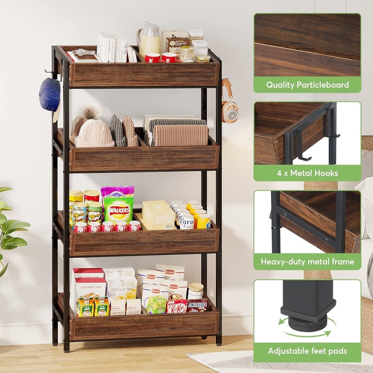 Wood Fruit Vegetable Storage Rack Stand,4-Tier Wood Snack Rack Basket Organizer Rack - Black/Brown