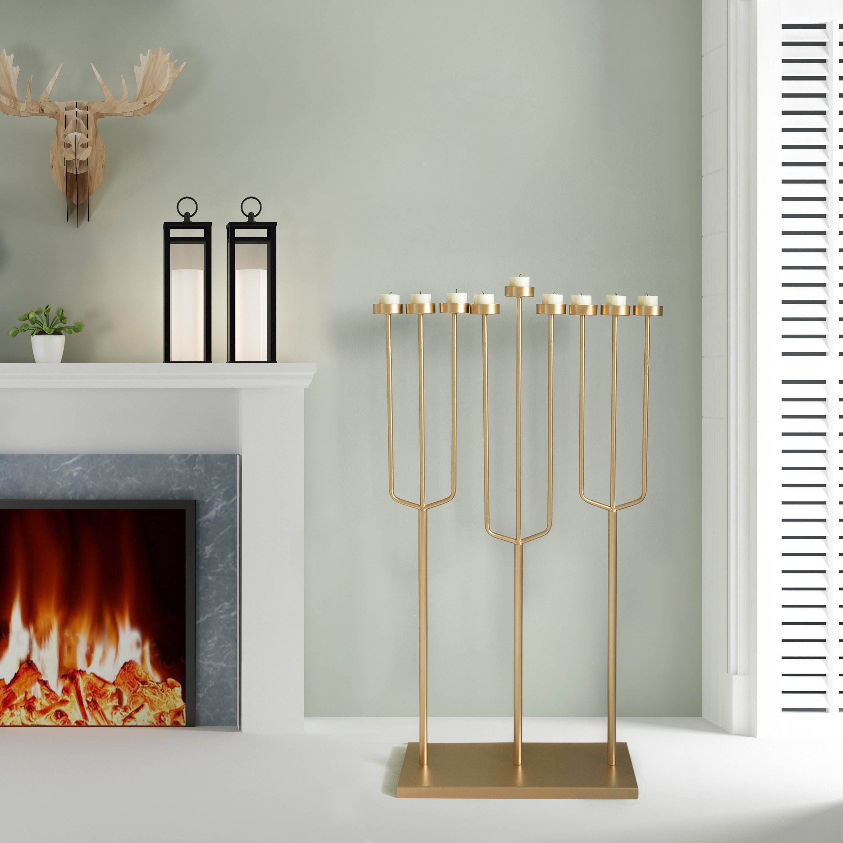 Modern Design Hanukkah Menorah Exceptional Presentational Piece, 9 Branch Tea Light Candle Holders - Gold, Small