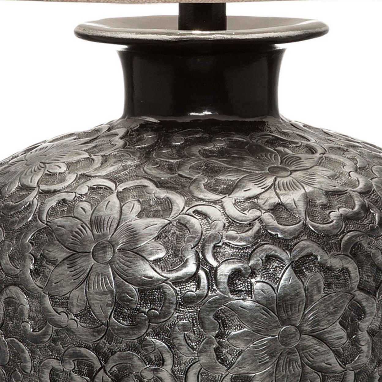 Neji 26 Inch Table Lamp, Curved Pot Design Base, Floral Pattern, Silver- Saltoro Sherpi