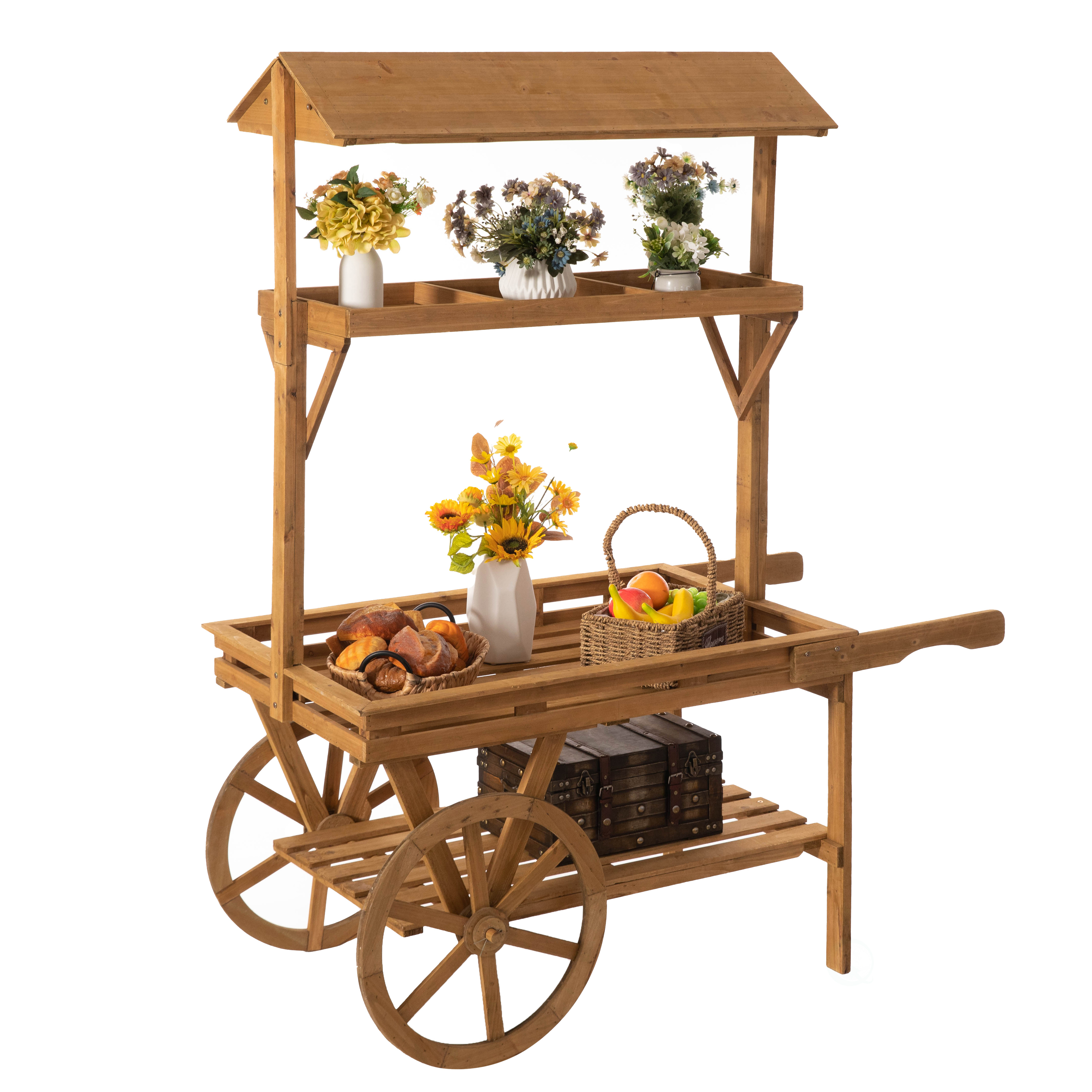 Wooden 3 Tier Rolling Table Cart With 2 Wheels For Home Decor, Display Rack, Lemonade Stand, Food Stand, Or Tea Stall