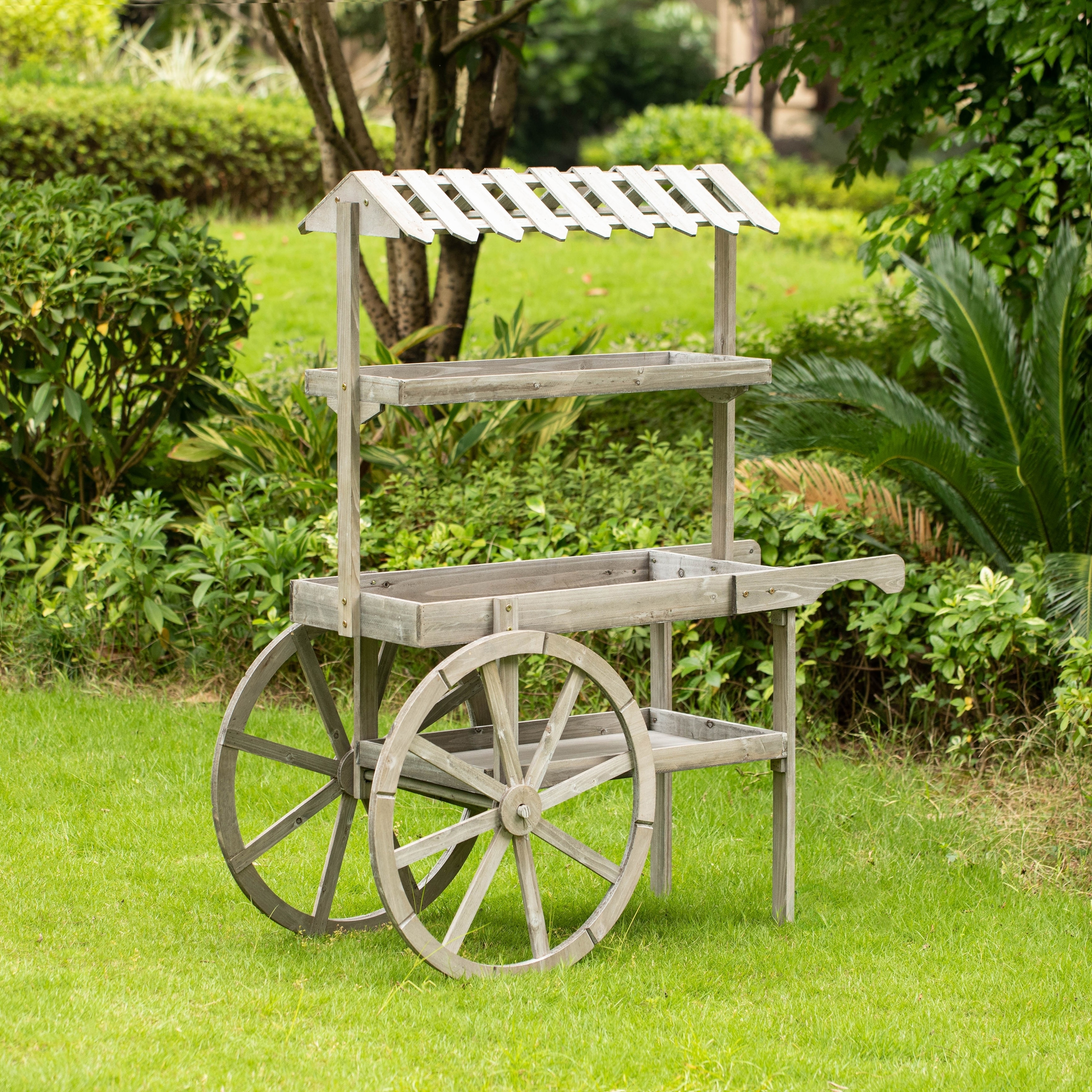 Antique Rustic Solid Wood Decor Display Rack Cart Wood Plant Stand 3 Tier With Wheels For Display, Wood Wagon With Shelves For Plants And Mo