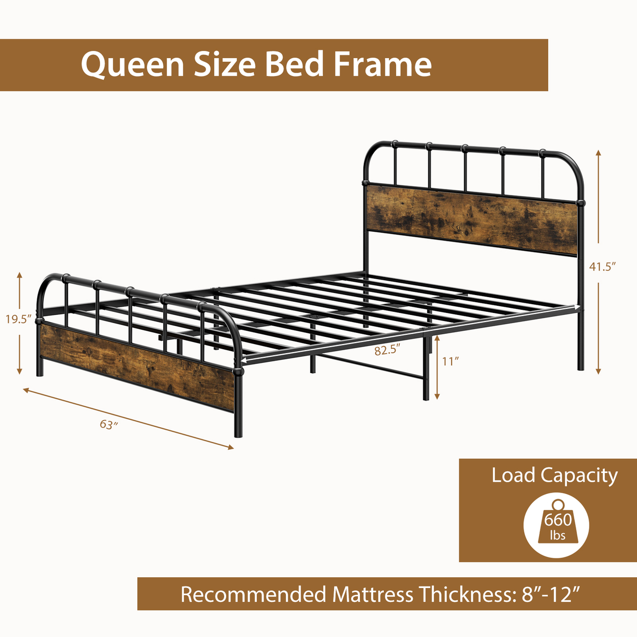 Queen Size Bed Frame Industrial Platform Bed Frame W/ Under Bed Storage