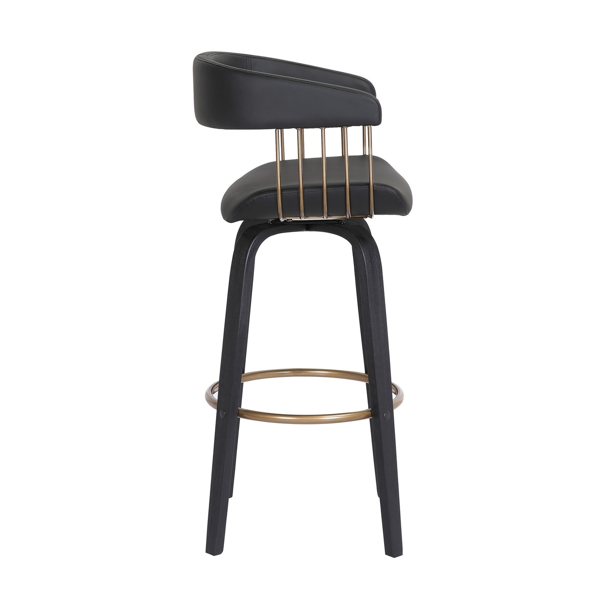 Maya 31 Inch Swivel Barstool Chair, Black Faux Leather, Bronze Metal Slats - Saltoro Sherpi