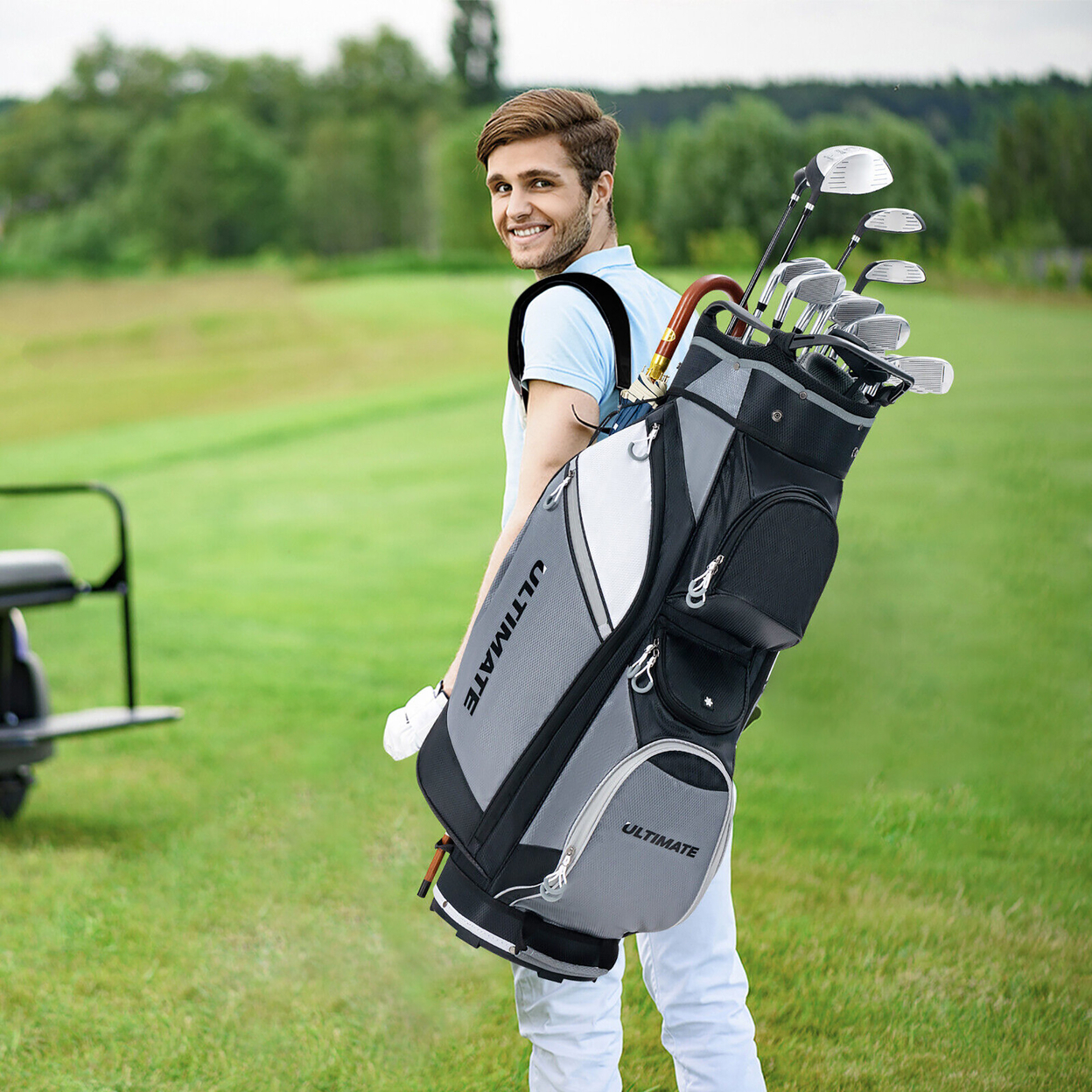 10 14-Way Golf Cart Stand Bag W/Cooler Bag Waterproof Valuable Pocket Rain Hood