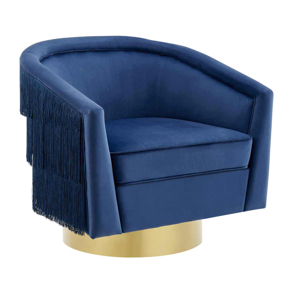 Iconic Home Elyana Swivel Accent Chair Cozy Plush Velvet Upholstered Loose Seat Design Tiered Tassel Fringes Gold Tone Metal Base - Blue