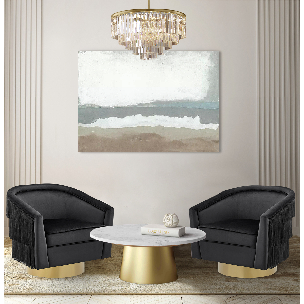 Iconic Home Elyana Swivel Accent Chair Cozy Plush Velvet Upholstered Loose Seat Design Tiered Tassel Fringes Gold Tone Metal Base - Black