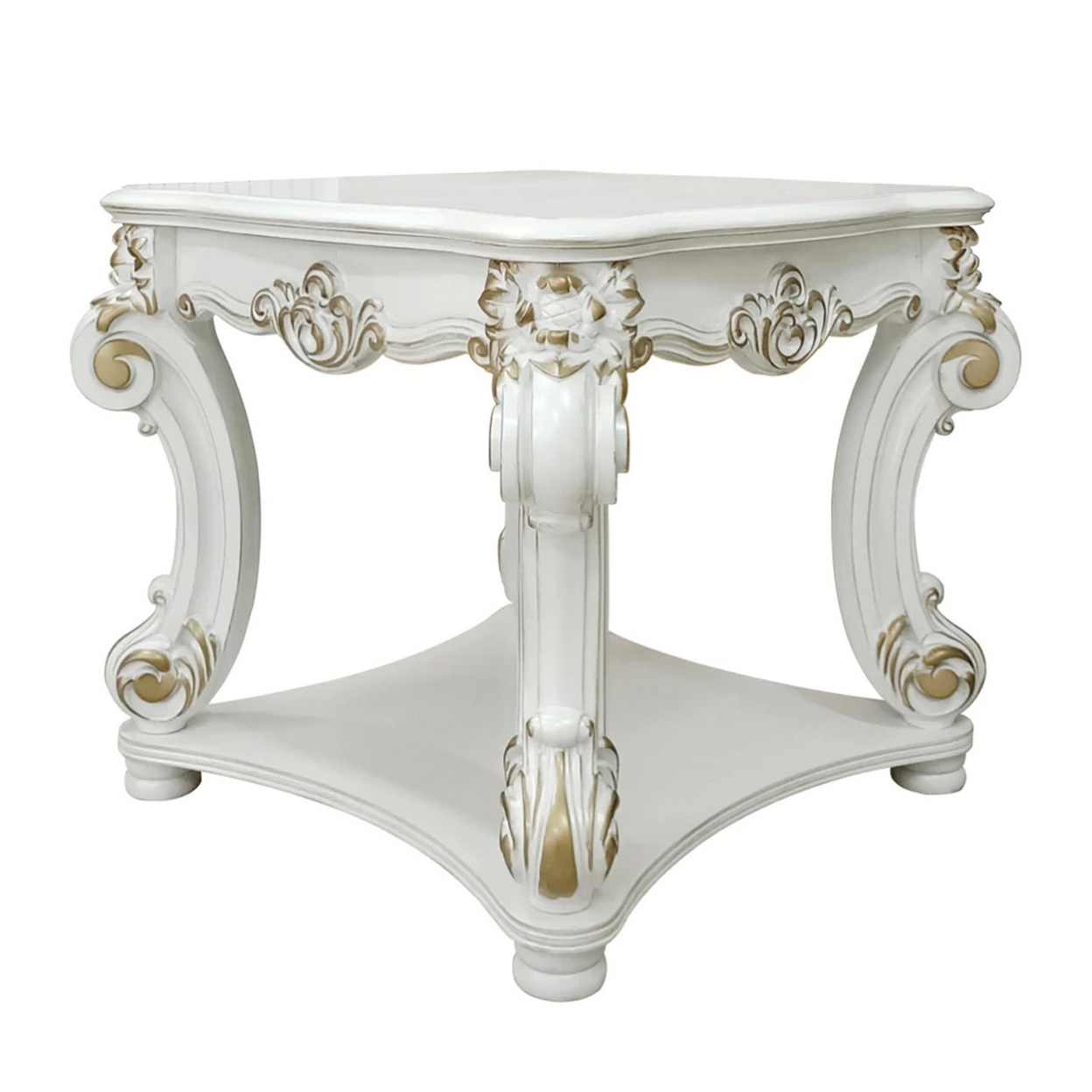 Jess 31 Inch Side End Table, Classic Scrolled Legs, White, Brushed Gold - Saltoro Sherpi