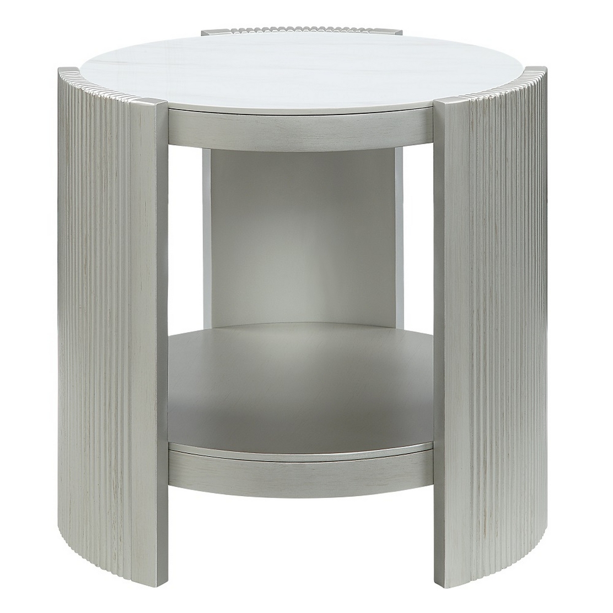 Kyna 26 Inch Side End Table, Modern Sintered Top, 1 Shelf, Round, Silver - Saltoro Sherpi