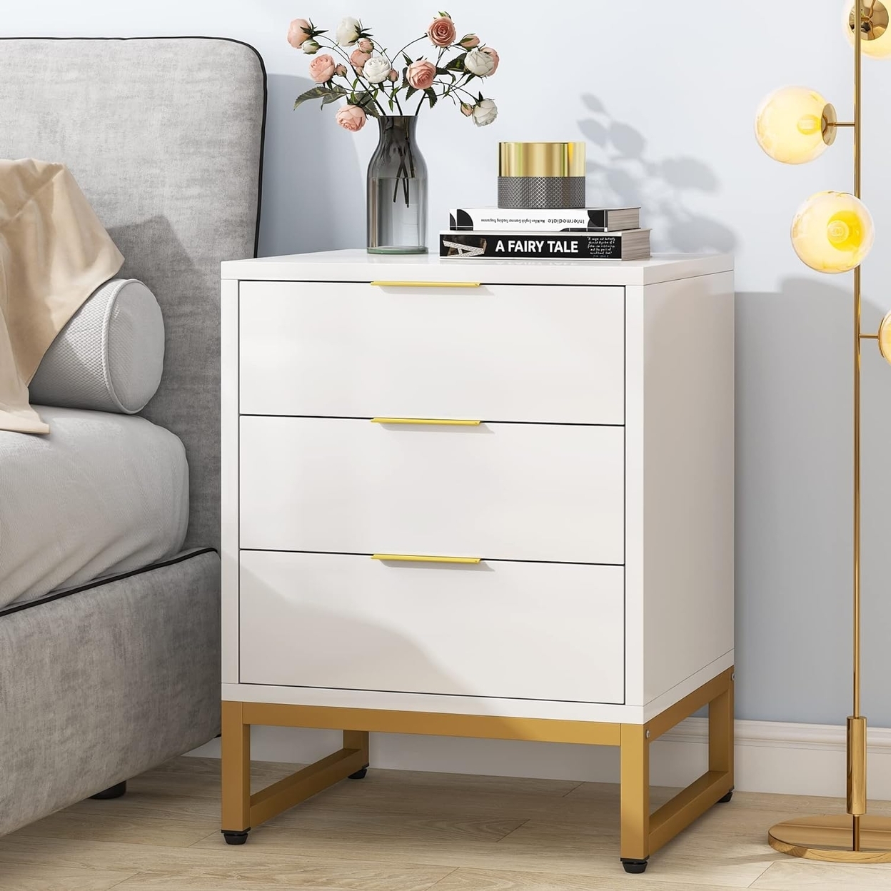 Tribesigns 3 Drawers Nightstand, Modern Bedside Table With Metal Frame, Side End Table - White + Gold