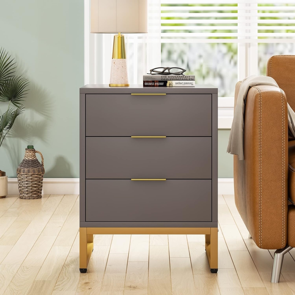 Tribesigns 3 Drawers Nightstand, Modern Bedside Table With Metal Frame, Side End Table - Grey + Gold