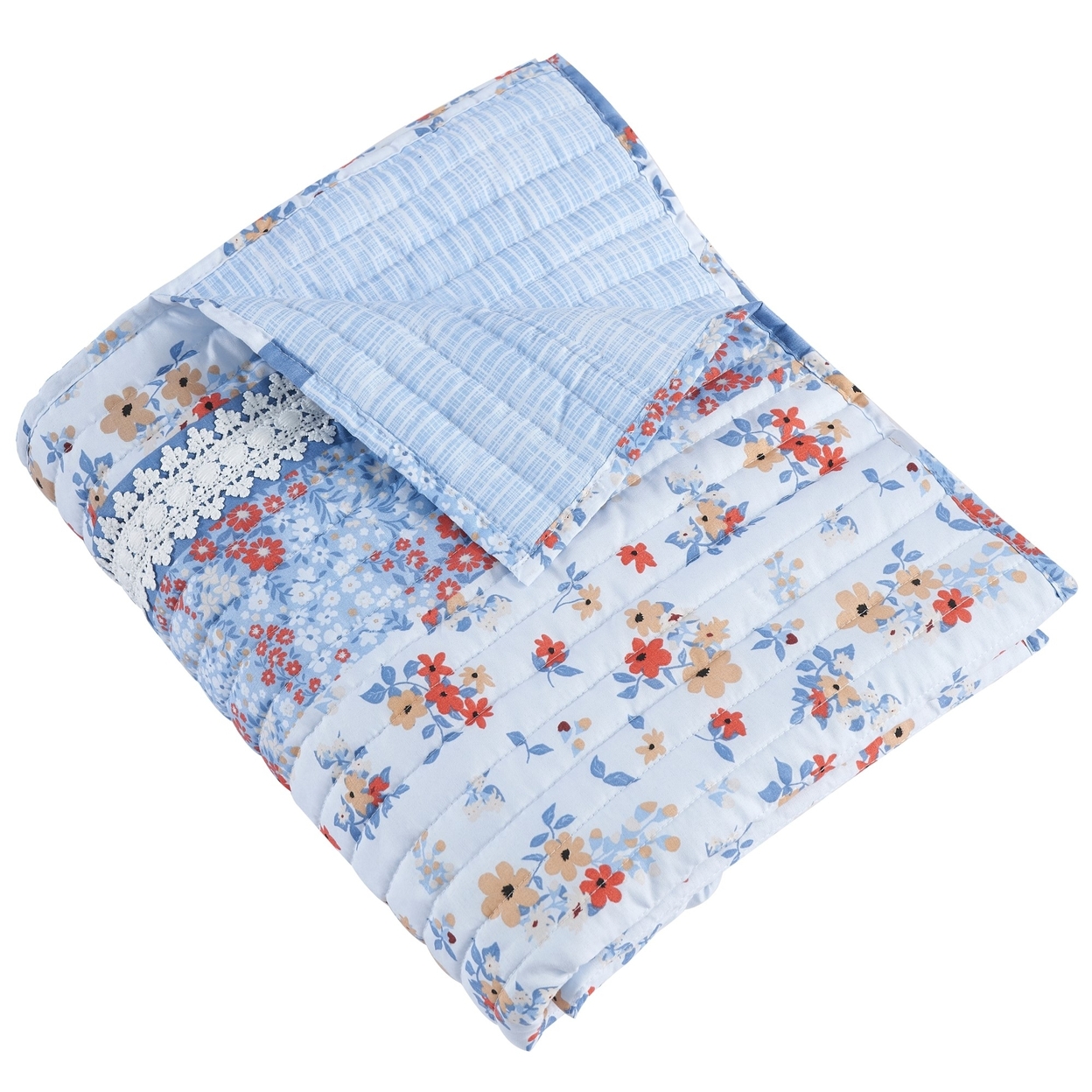 Joa 60 Inch Throw Blanket, Light Blue Microfiber Fabric, Pink Flowers- Saltoro Sherpi